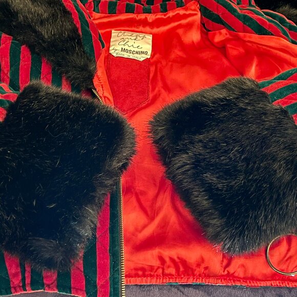 Moschino, Aeffe Spa - Striped Velvet Jacket, Red/Green with Black Faux Fur Trim - Picture 9 of 16